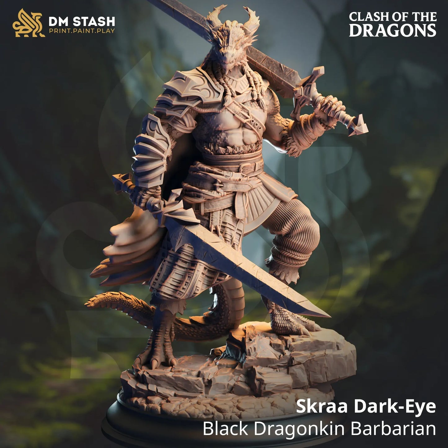 Skraa Dark-Eye Black Dragonkin Barbarian miniature for Dungeons & Dragons and fantasy RPGs