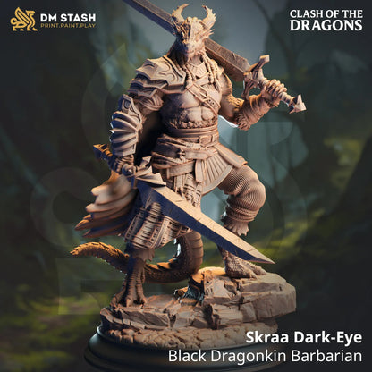 Skraa Dark-Eye Black Dragonkin Barbarian miniature for Dungeons & Dragons and fantasy RPGs