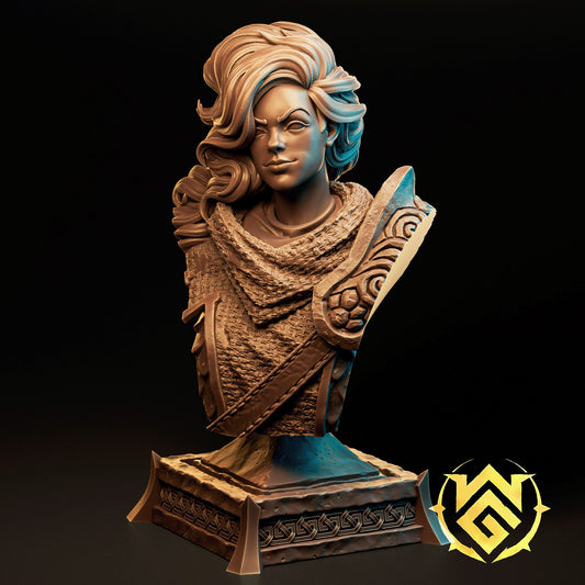 100mm collector's display bust of Sloure Gatekeeper by The Witchguild showing high-detail 16K printed fur armor and celtic-style engravings.