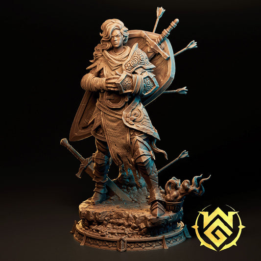 Sloure Gatekeeper 100mm Gargantuan 16K resolution miniature by The Witchguild, featuring a female warrior with a shield and broadsword on a 4x4 base.