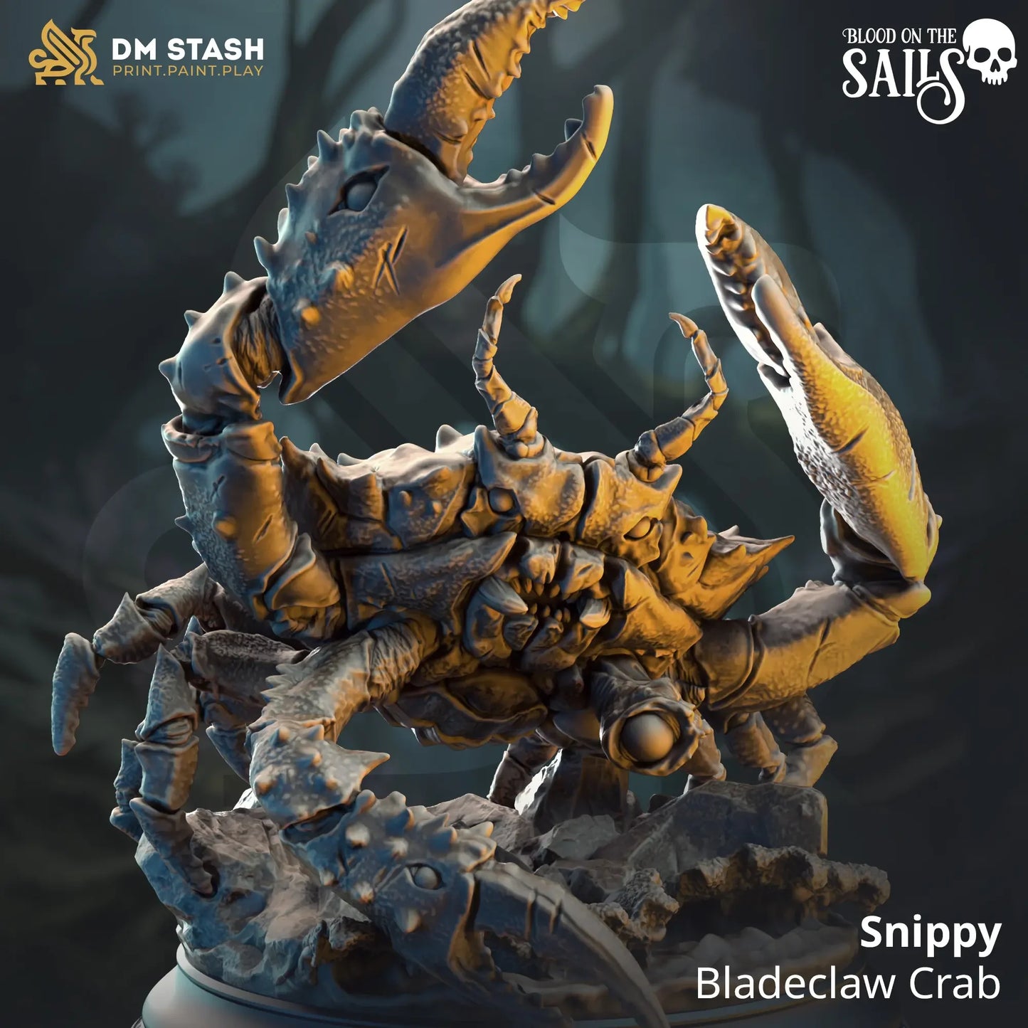 Snippy Bladeclaw Crab TTRPG miniature with giant claws on rocky base