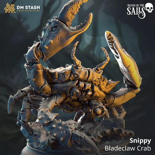 Snippy Bladeclaw Crab TTRPG miniature with giant claws on rocky base