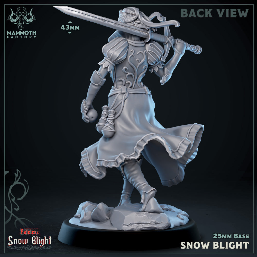 Gray miniature figure with a sword on a black background, labeled 'Snow Blight' by Mammoth Factory.