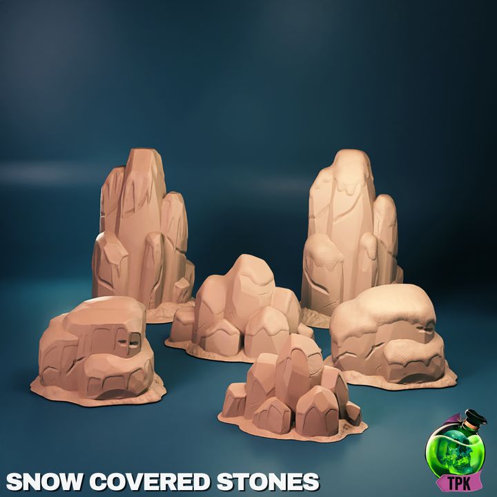 Set of snow-covered stone models on a blue background with TPK branding.