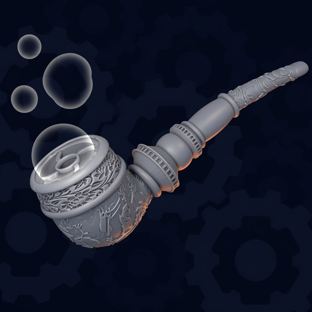 3D-printed Soap Bubble Pipe prop by Mammoth Props, featuring intricate floral and filigree carvings on a grey textured surface. The pipe measures 226mm in length and is shown with floating soap bubbles emerging from the bowl. The image includes text "FDM Ready" and "Test Printed."