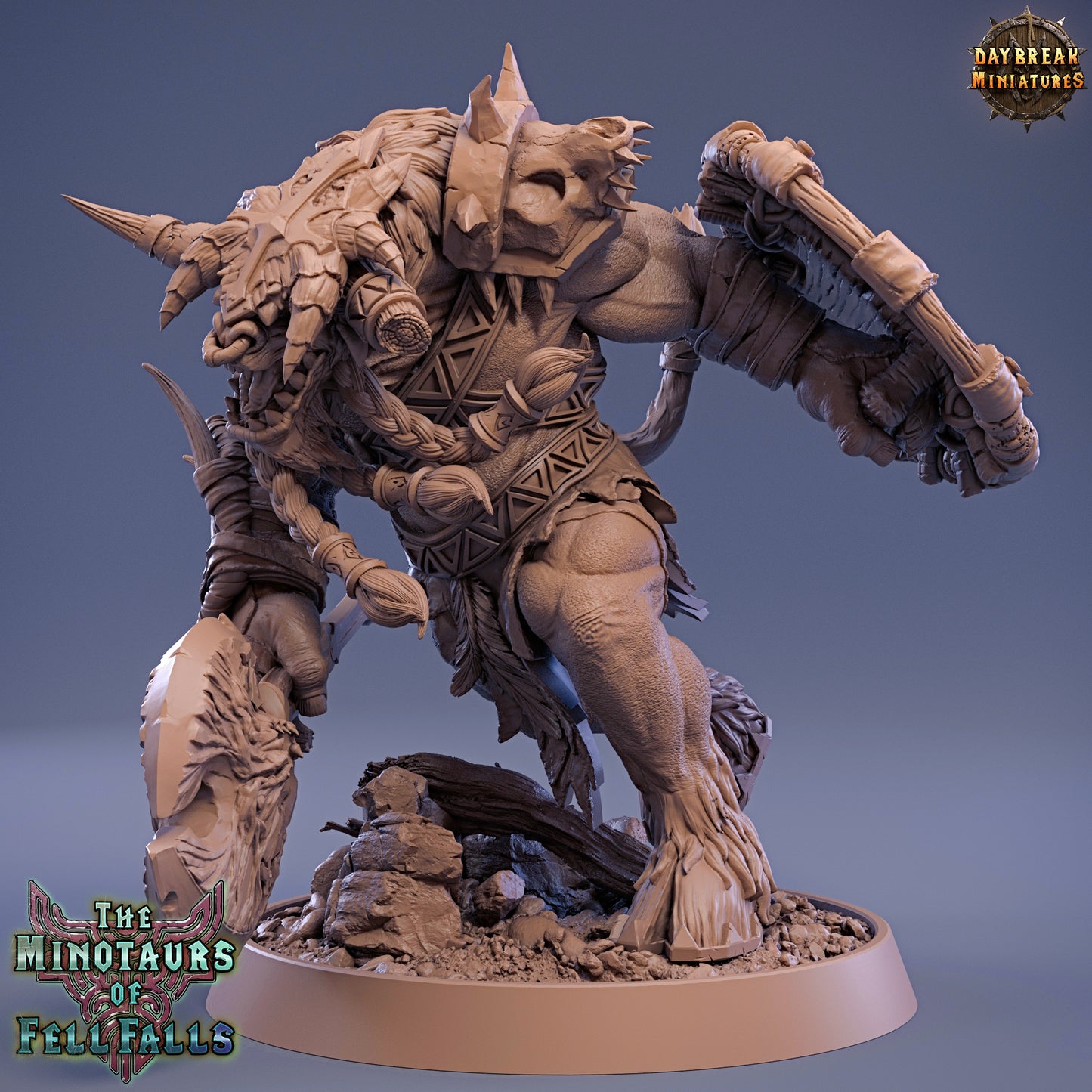 Wooden figurine of a minotaur with detailed armor and weapon on a blue background, branded 'Daybreak Miniatures'.