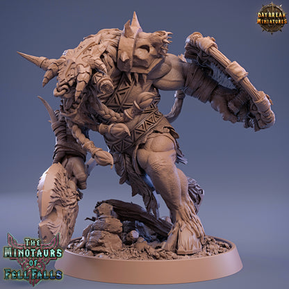 Wooden figurine of a minotaur with detailed armor and weapon on a blue background, branded 'Daybreak Miniatures'.