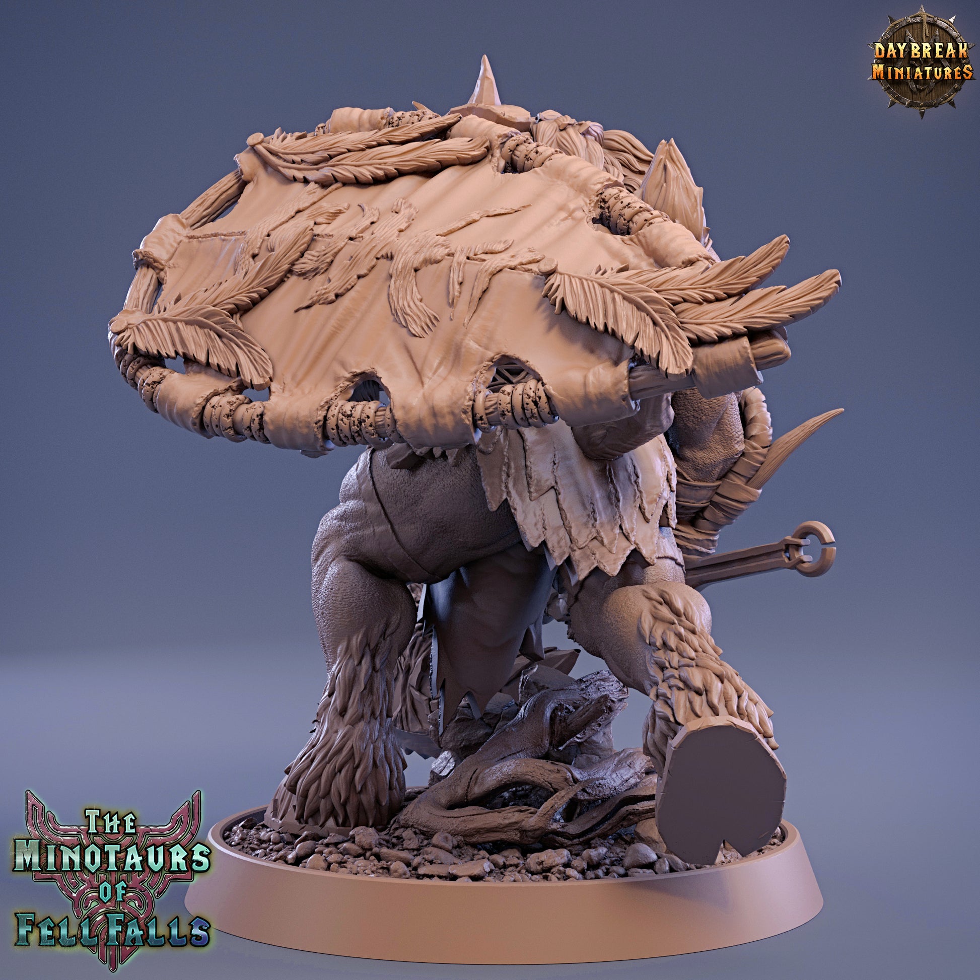 Minotaur figurine with detailed armor and fur on a blue gradient background, featuring 'Daybreak Miniatures' logo.
