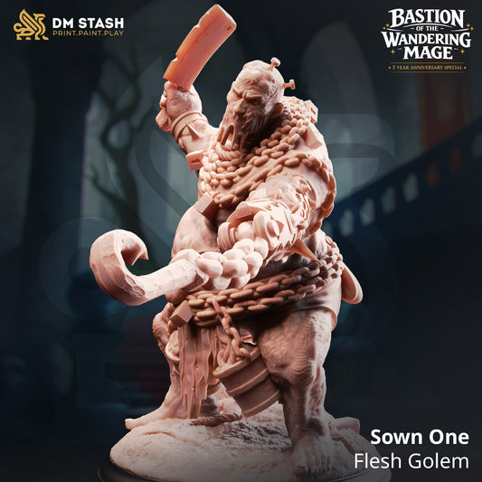 Sown One Flesh Golem resin miniature by DM Stash wielding a meat cleaver and wrapped in chains, printed by D&K Custom Prints.