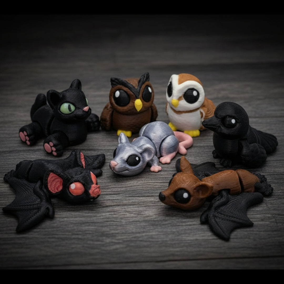 Assorted spooky hatchling animal toys arranged in a circle on a dark wood surface, featuring bats, owls, a mouse, a cat, and other small creatures in black, brown, gray, and white tones.