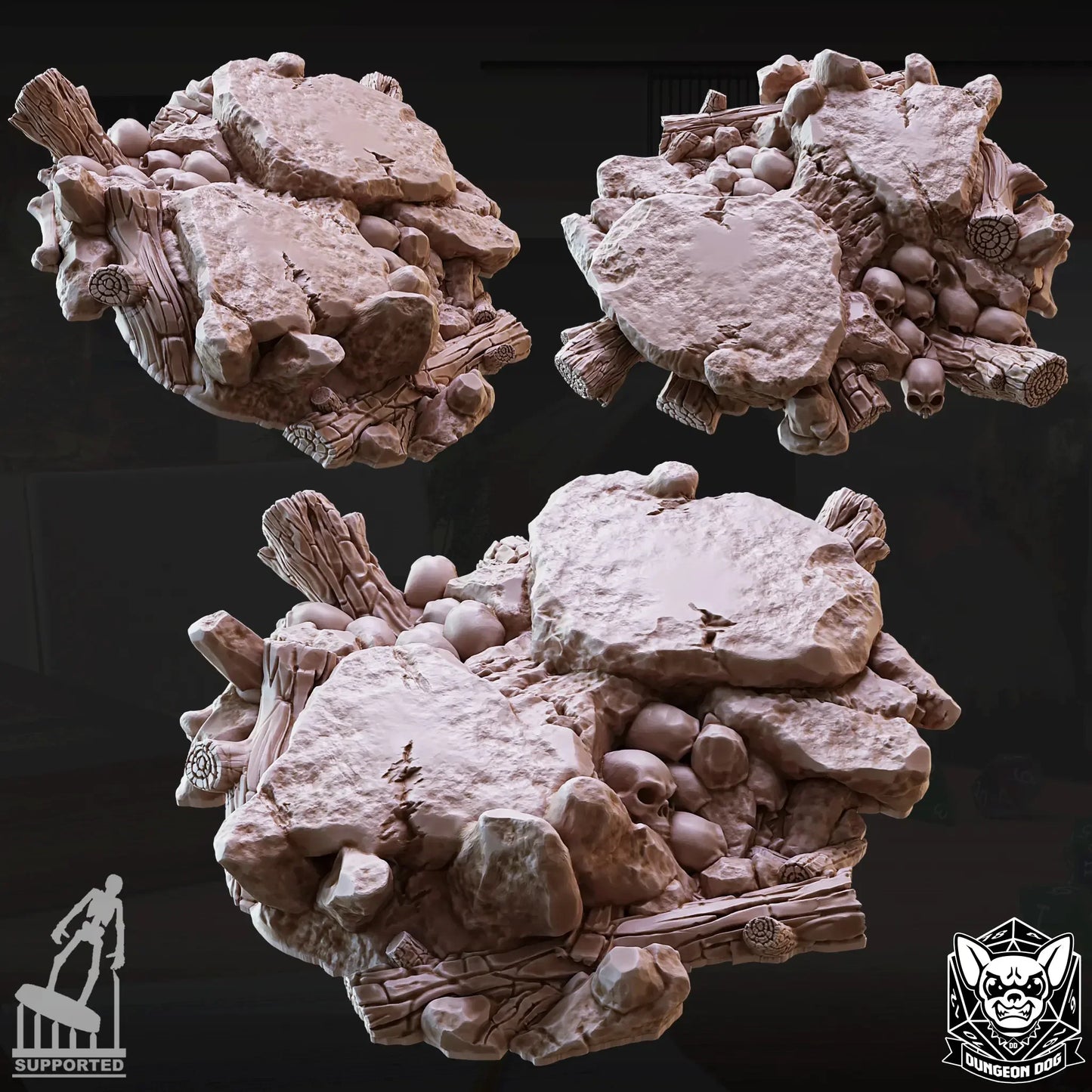 Clustered stone and skull terrain scatter pieces with broken timber for immersive tabletop settings