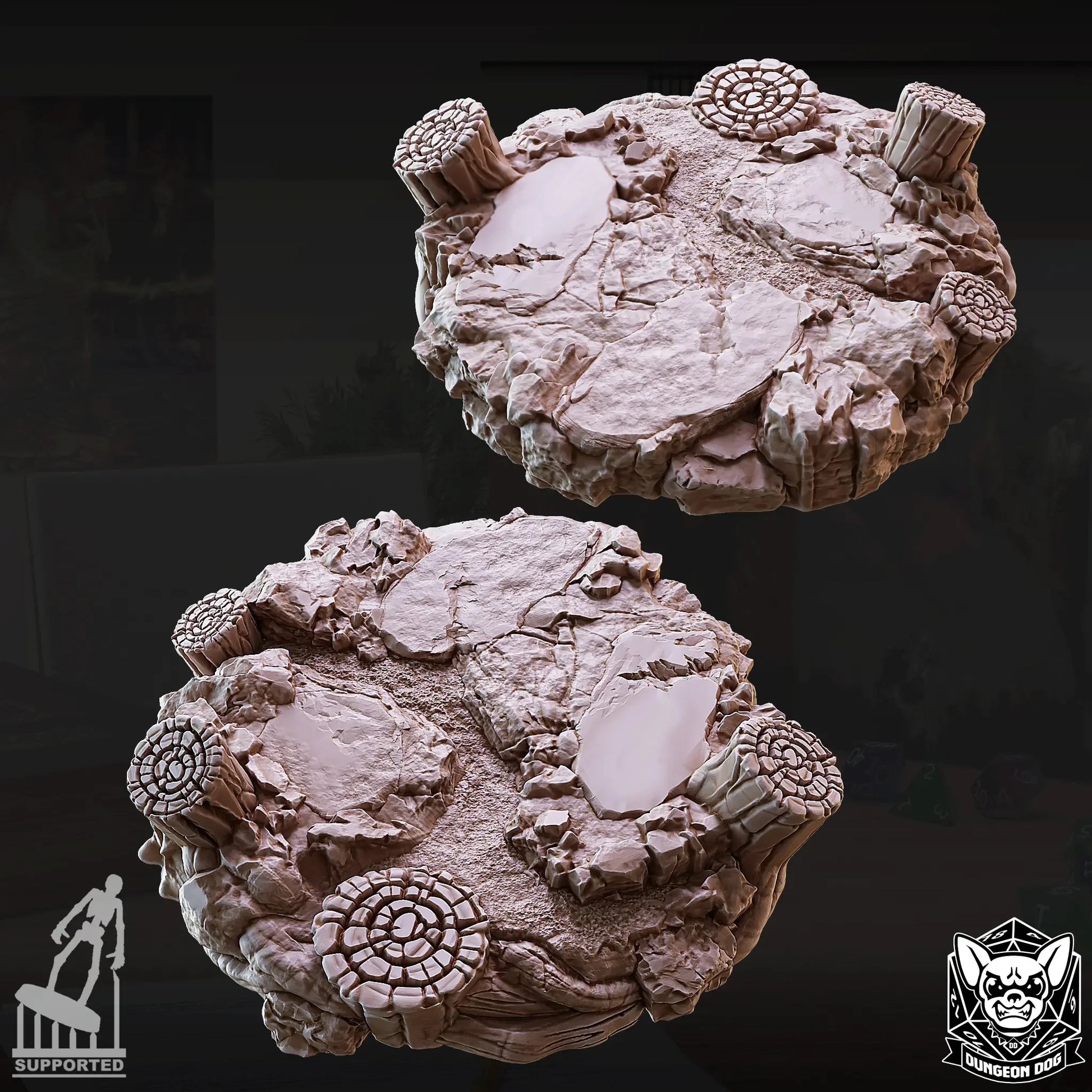 Round cracked stone platform terrain with spiral carvings and broken stumps, perfect for TTRPG wargaming tables