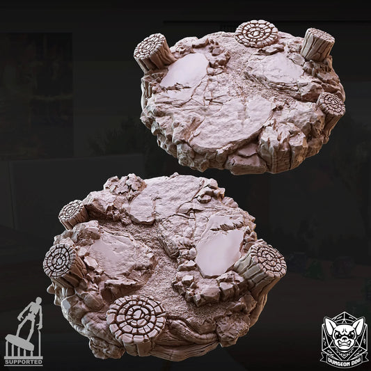 Round cracked stone platform terrain with spiral carvings and broken stumps, perfect for TTRPG wargaming tables