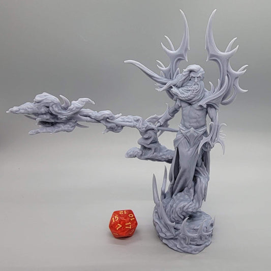 Supreme Cloud Giant Assembled – front view with gaps filled next to a D20, printed in Chitu Systems Conjure Rigid Resin - Gray