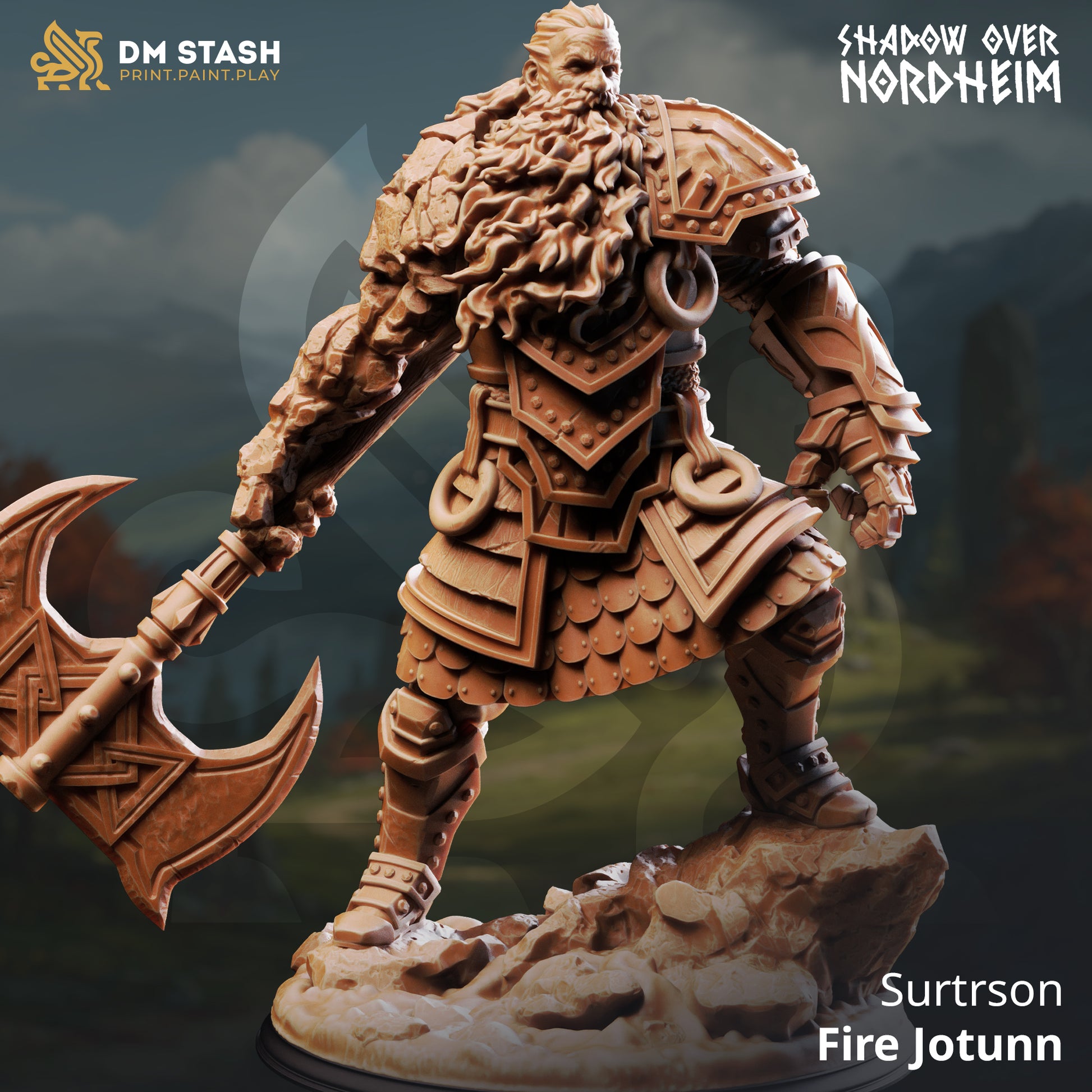 Surtrson Fire Jötunn huge 32mm resin miniature of a fire giant wielding a massive rune-carved axe, printed by D&K Custom Prints.