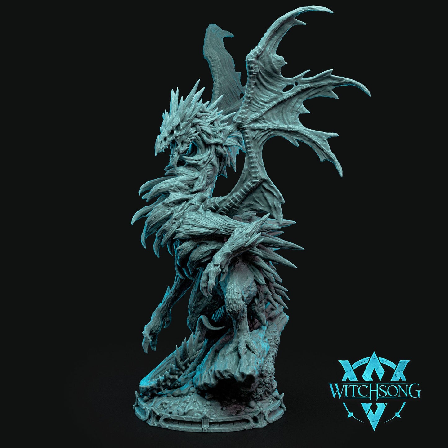 Swamp Dragon by Witchsong Miniatures, a huge 3x3 dragon boss miniature with spiked scales and tattered wings on a marsh-themed base.