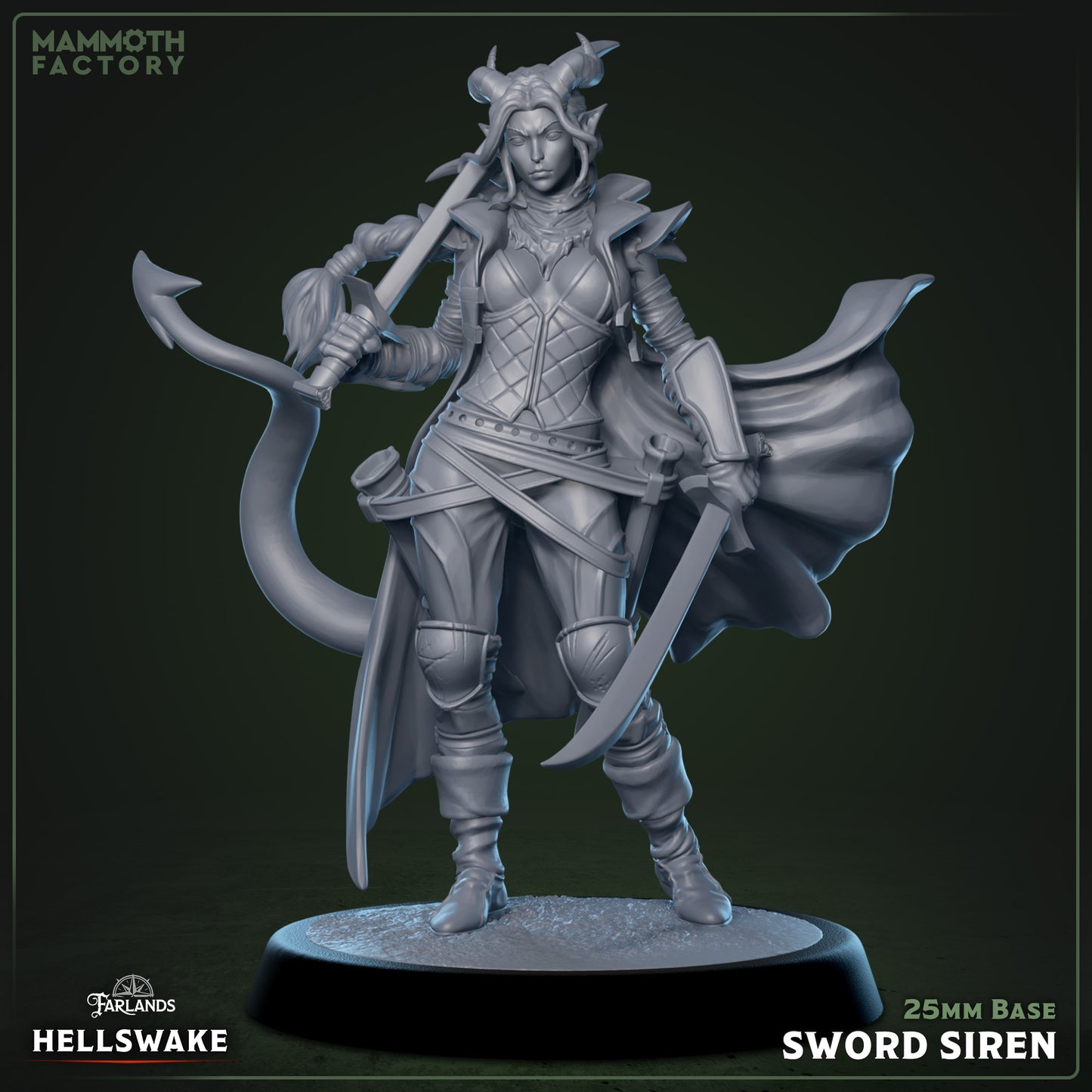 Sword Siren 3D printed resin miniature on a 25 mm base, 32 mm scale infernal duelist for tabletop RPGs or display painting.