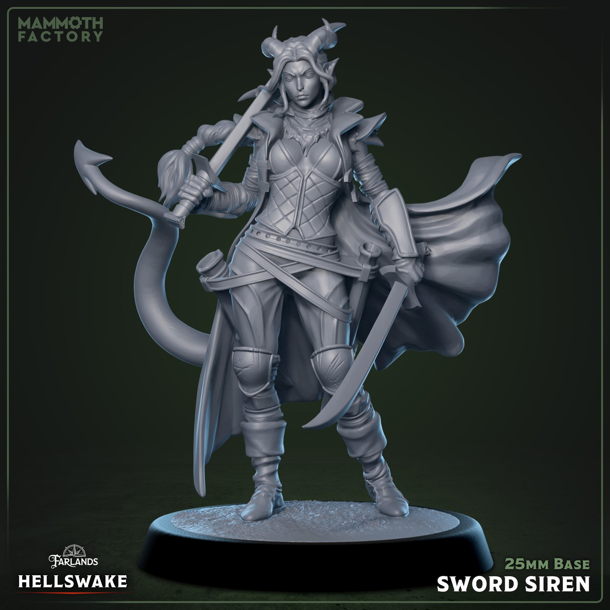 Sword Siren 3D printed resin miniature on a 25 mm base, 32 mm scale infernal duelist for tabletop RPGs or display painting.