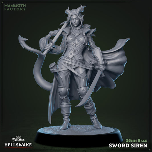 Sword Siren 3D printed resin miniature on a 25 mm base, 32 mm scale infernal duelist for tabletop RPGs or display painting.