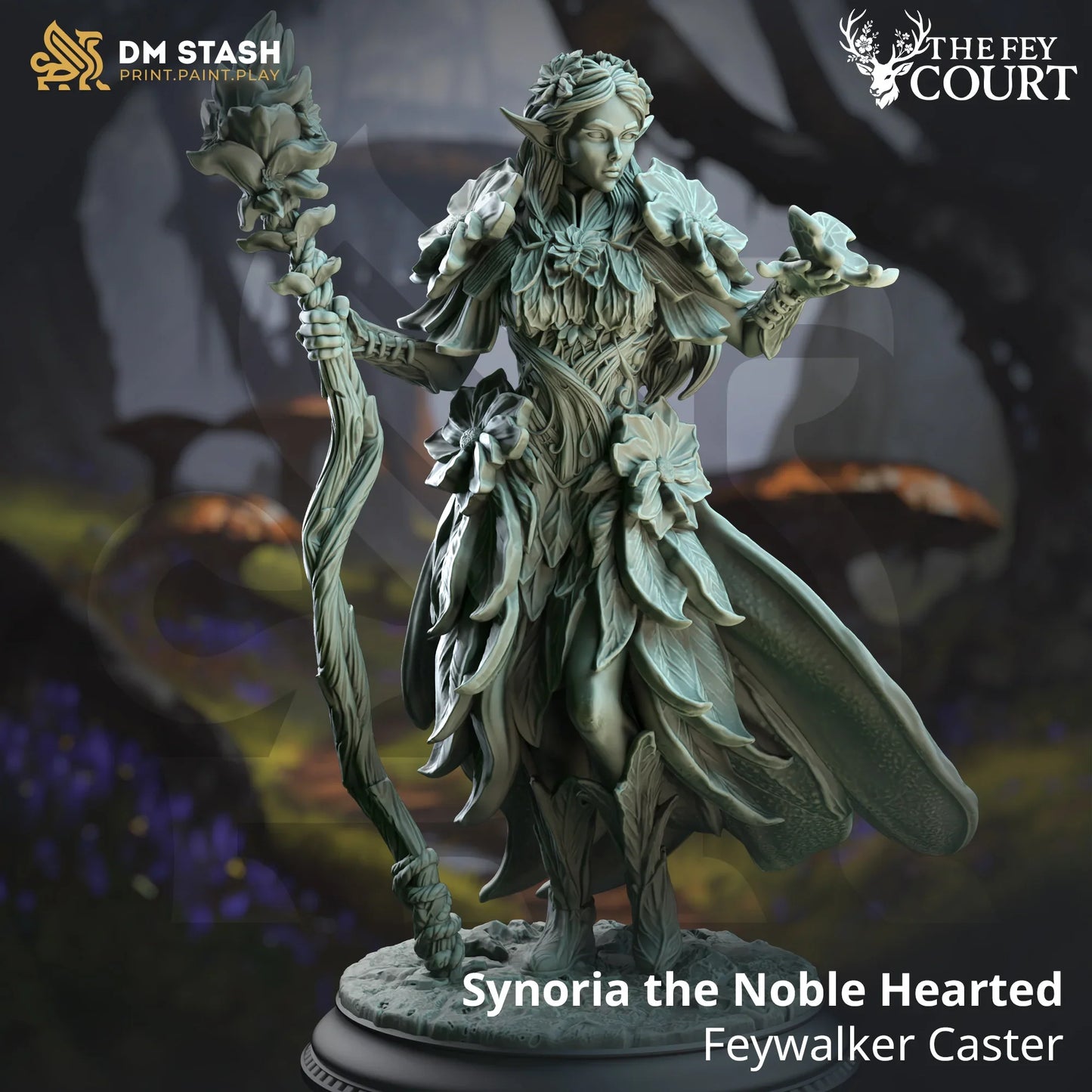 Synoria the Noble Hearted elf caster miniature with flower staff and leaf armor from The Fey Court by DM Stash