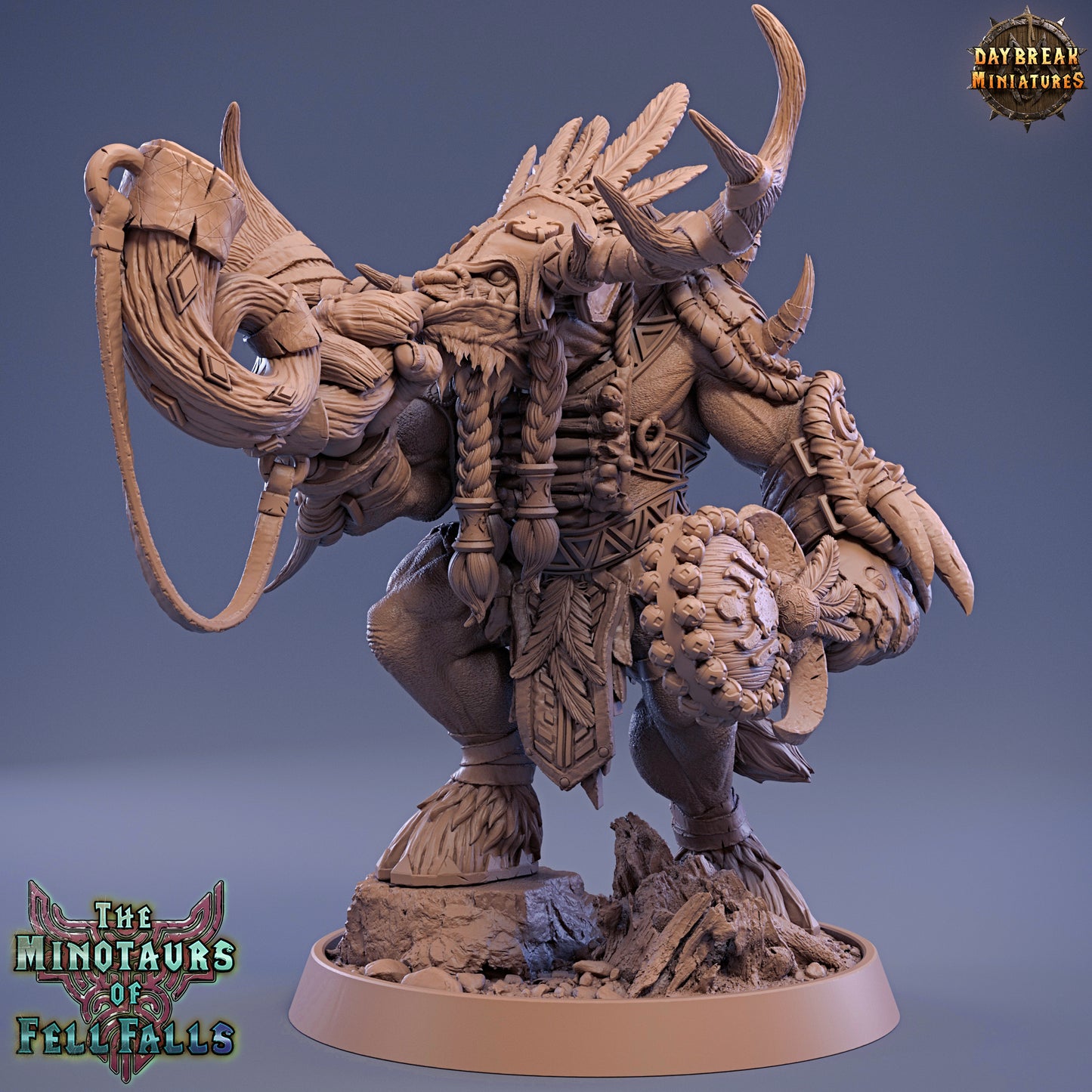 Wooden figurine of a minotaur with intricate details on a blue background, featuring 'Daybreak Miniatures' logo.
