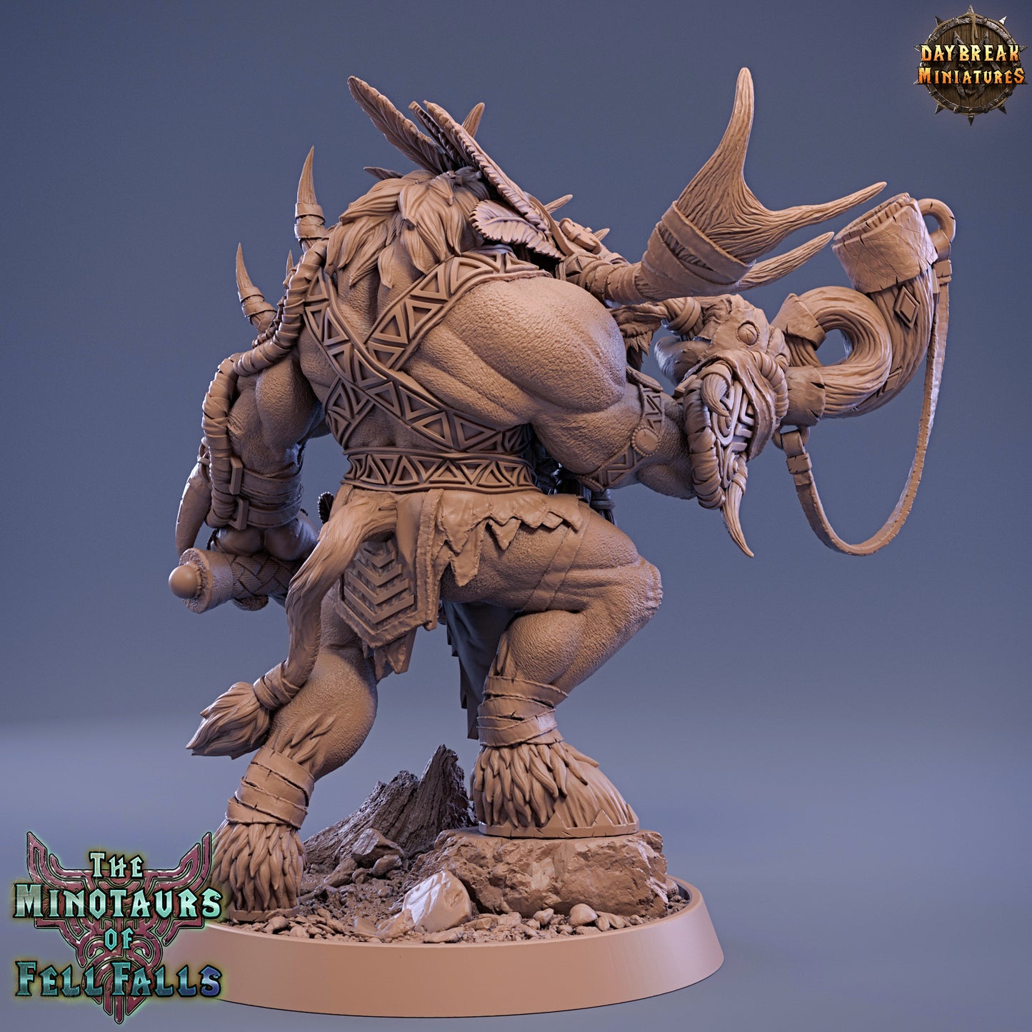 Minotaur figurine with detailed armor and horns on a blue background, featuring 'Daybreak Miniatures' branding.