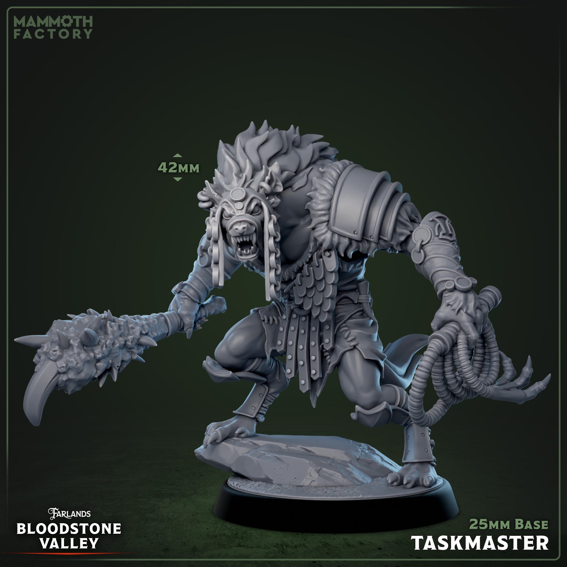 Taskmaster Gnoll resin miniature 3D print from Bloodstone Valley, fantasy monster figure with club and whip on 25mm base, available DIY kit, raw, primed, or painted.