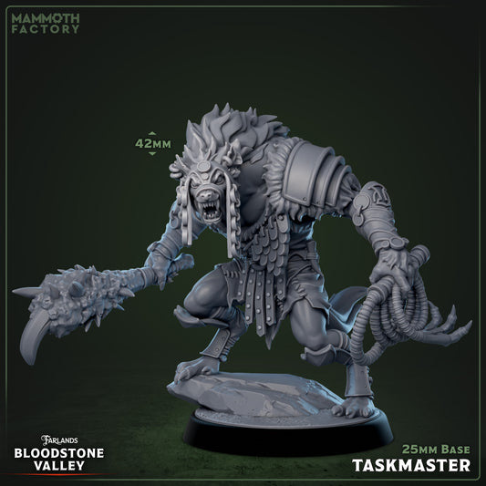 Taskmaster Gnoll resin miniature 3D print from Bloodstone Valley, fantasy monster figure with club and whip on 25mm base, available DIY kit, raw, primed, or painted.