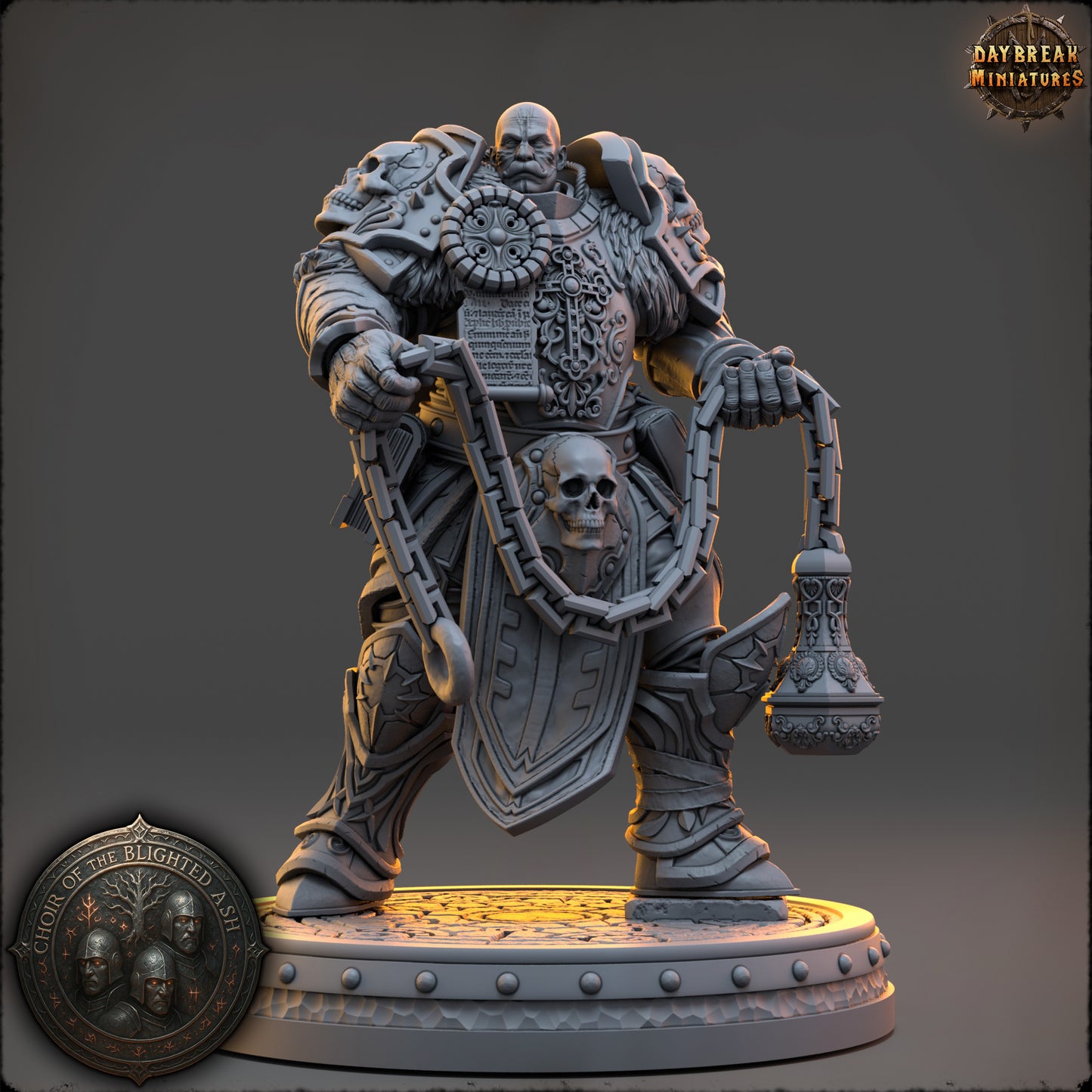 Tavian Holt Warden of the Blighted Ash resin miniature by Daybreak Miniatures holding censer and chained relic | D&K Custom Prints