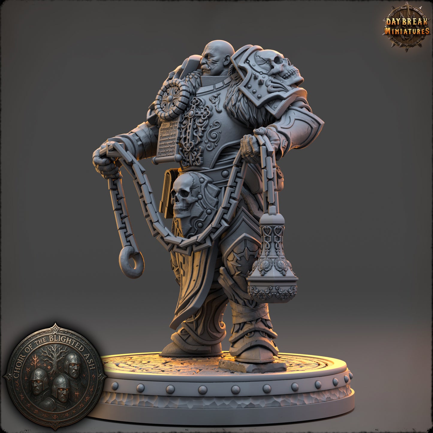 Tavian Holt Warden of the Blighted Ash resin miniature by Daybreak Miniatures holding censer and chained relic | D&K Custom Prints