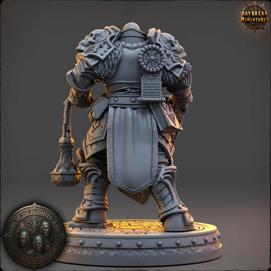 Tavian Holt Warden of the Blighted Ash resin miniature by Daybreak Miniatures holding censer and chained relic | D&K Custom Prints