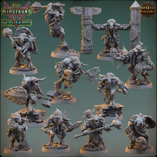 Collection of miniatures from 'The Minotaurs of Fell Falls' by Daybreak Miniatures on a gray background.