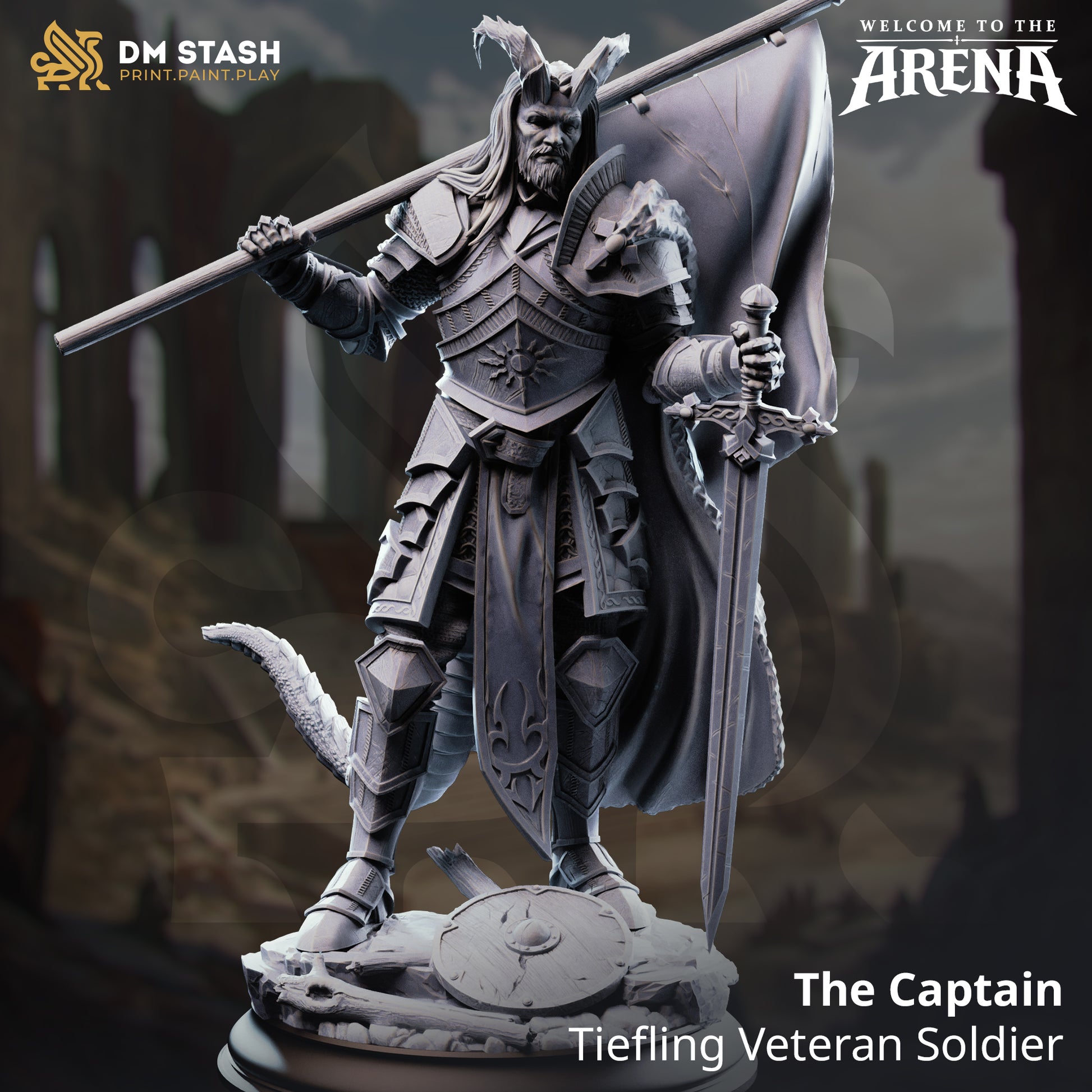 The Captain, a Tiefling Veteran Soldier resin miniature by DM Stash, wearing heavy plate armor and holding a large battle standard and longsword on a scenic base.