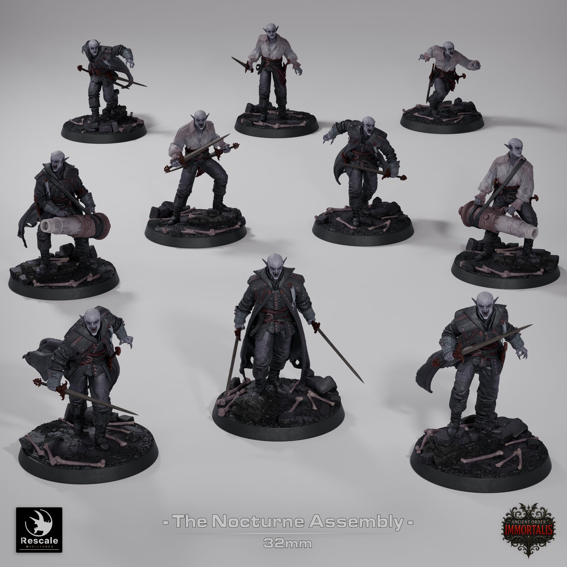 The Nocturne Assembly vampire warband resin miniatures by Rescale Miniatures, 32mm scale with gothic armor and scenic bases | D&K Custom Prints