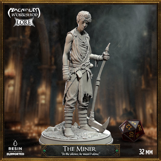 32mm resin miner miniature with pickaxe and goggles for tabletop RPG NPC encounters