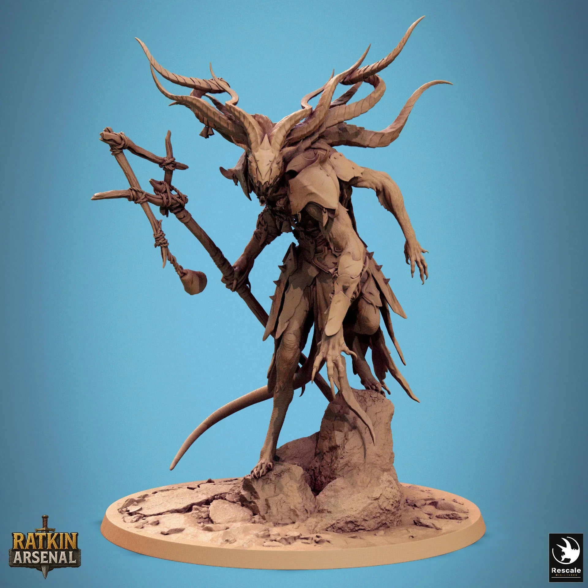 The Muck Priest – resin printed rat cult leader from Ratkin Arsenal with staff, horns, and scenic base. Ideal for chaos TTRPG campaigns or display use.