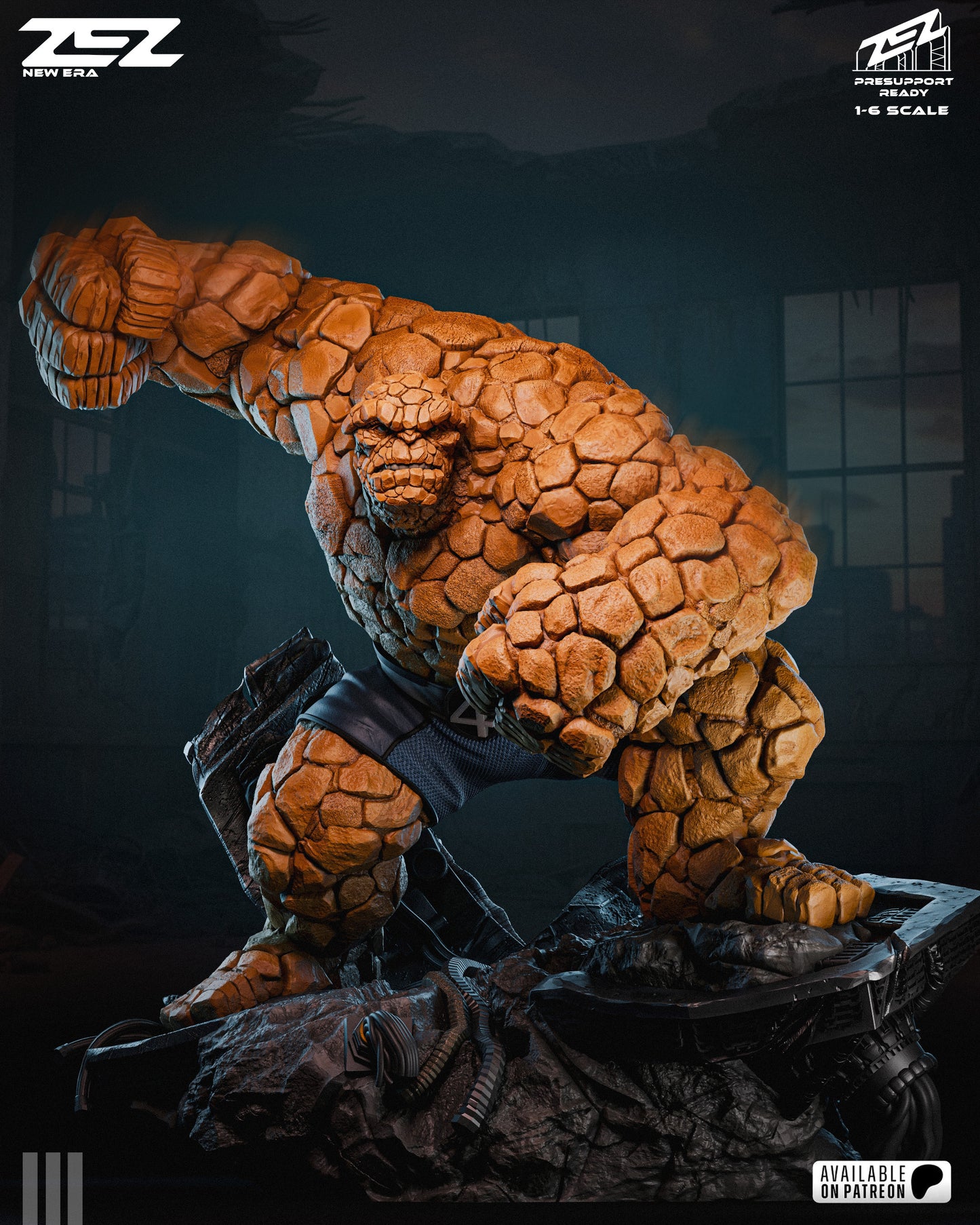 High-detail 1:6 scale painted 3D printed statue of The Thing from Marvel Comics by ZEZ Studios in a powerful clobbering pose.