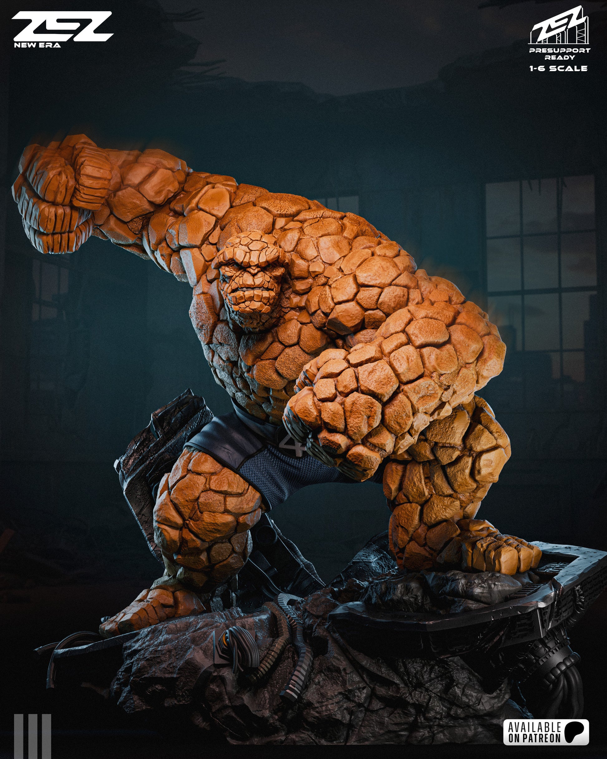 High-detail 1:6 scale painted 3D printed statue of The Thing from Marvel Comics by ZEZ Studios in a powerful clobbering pose.