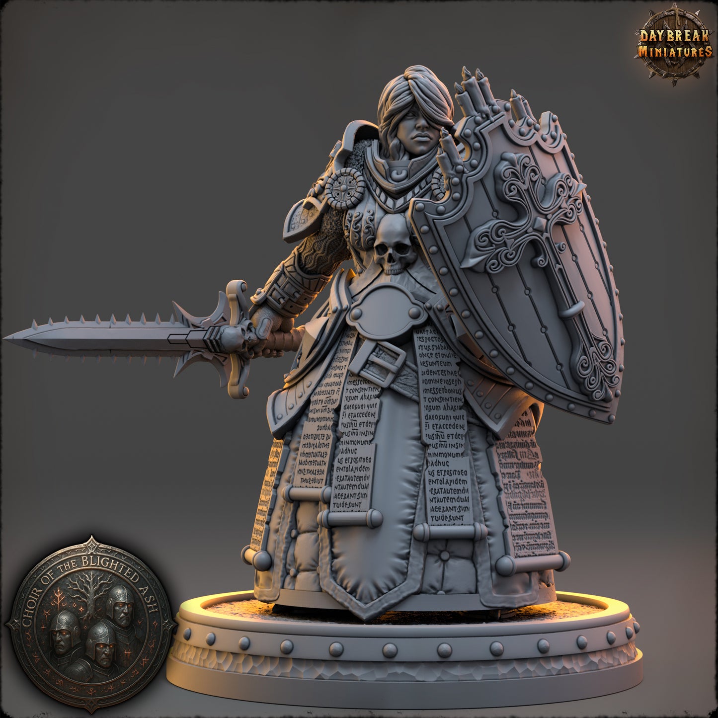 Thyra Malenholt Shieldmaiden of the Blighted Ash resin miniature by Daybreak Miniatures wielding sword and ornate shield | D&K Custom Prints