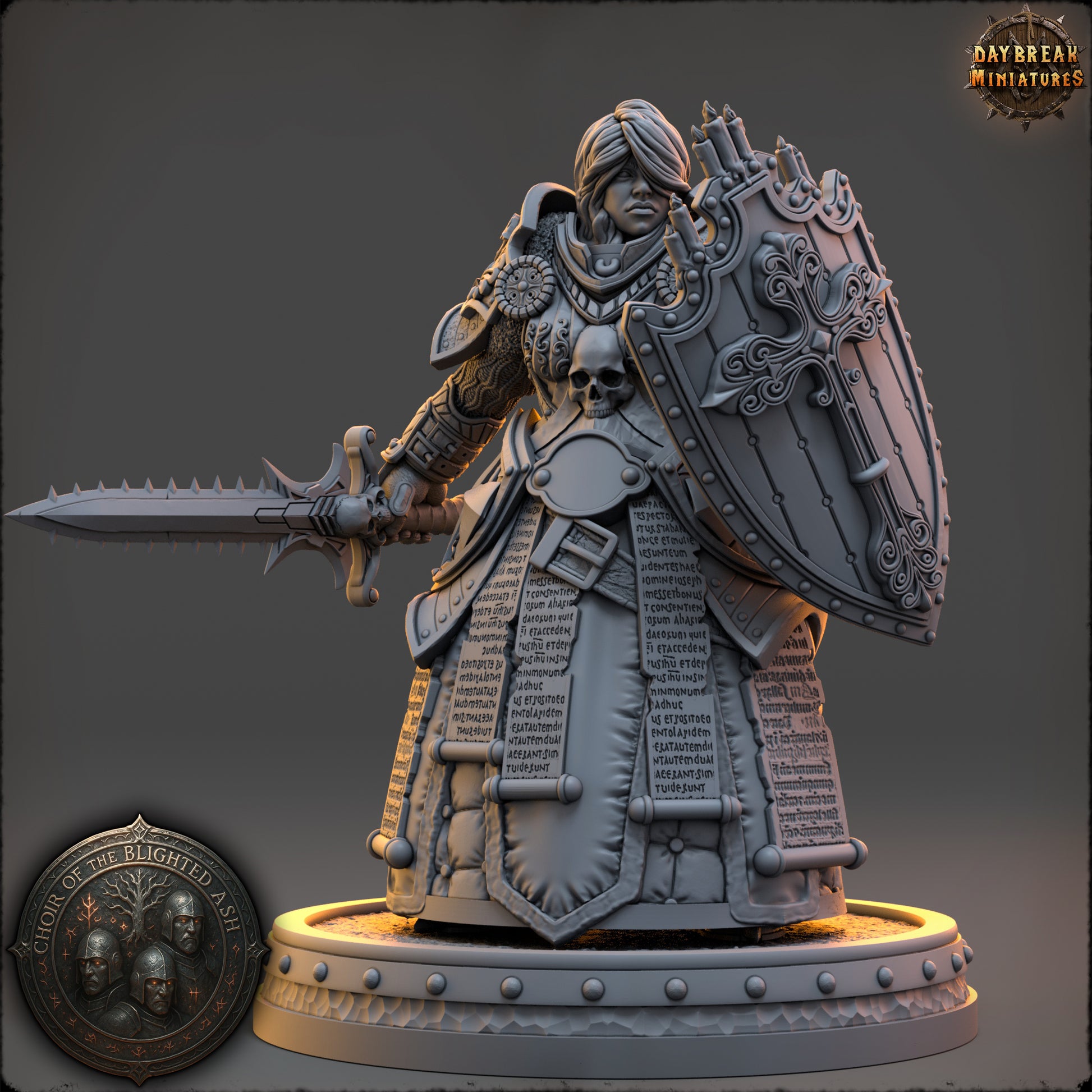 Thyra Malenholt Shieldmaiden of the Blighted Ash resin miniature by Daybreak Miniatures wielding sword and ornate shield | D&K Custom Prints