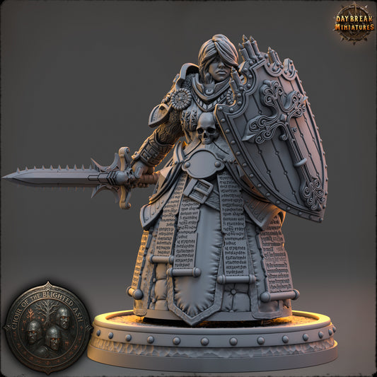 Thyra Malenholt Shieldmaiden of the Blighted Ash resin miniature by Daybreak Miniatures wielding sword and ornate shield | D&K Custom Prints