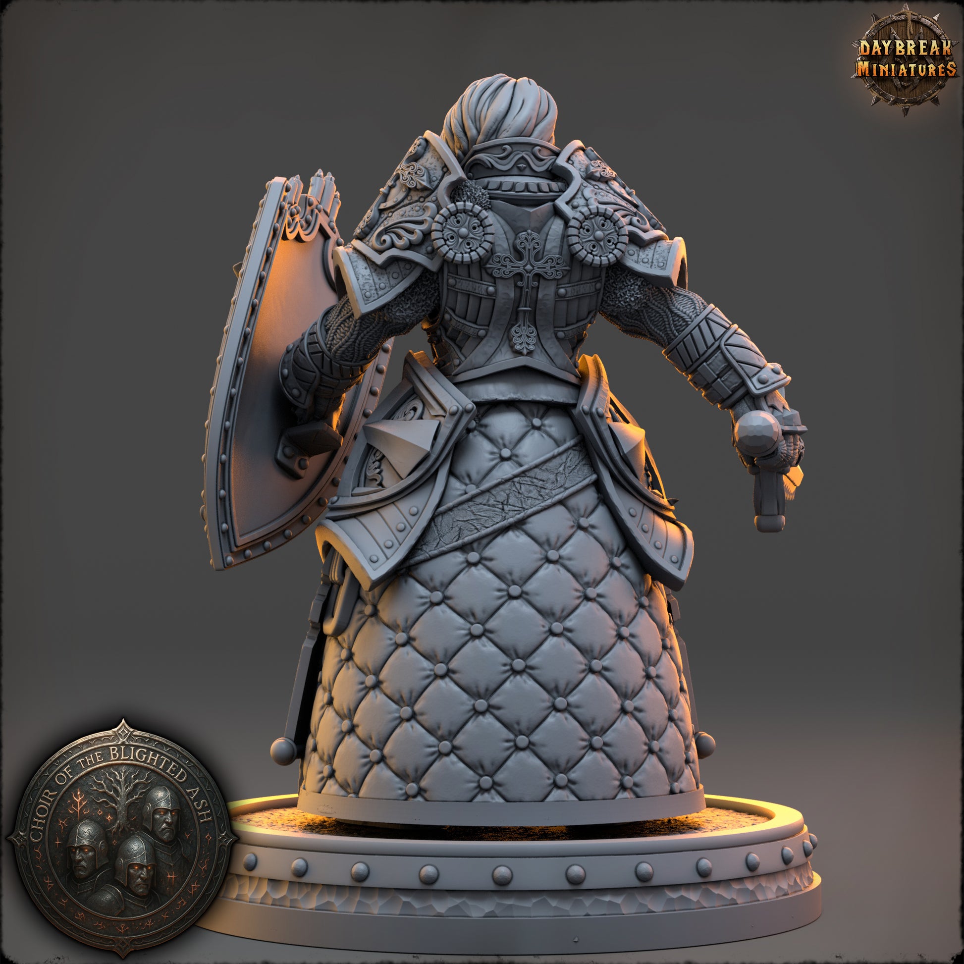 Thyra Malenholt Shieldmaiden of the Blighted Ash resin miniature by Daybreak Miniatures wielding sword and ornate shield | D&K Custom Prints