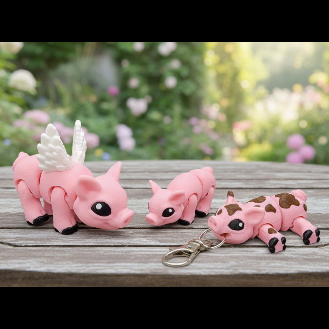 Small pink pig figurines on a wooden surface, including a winged pig figure, a pig keychain, and a pig magnet