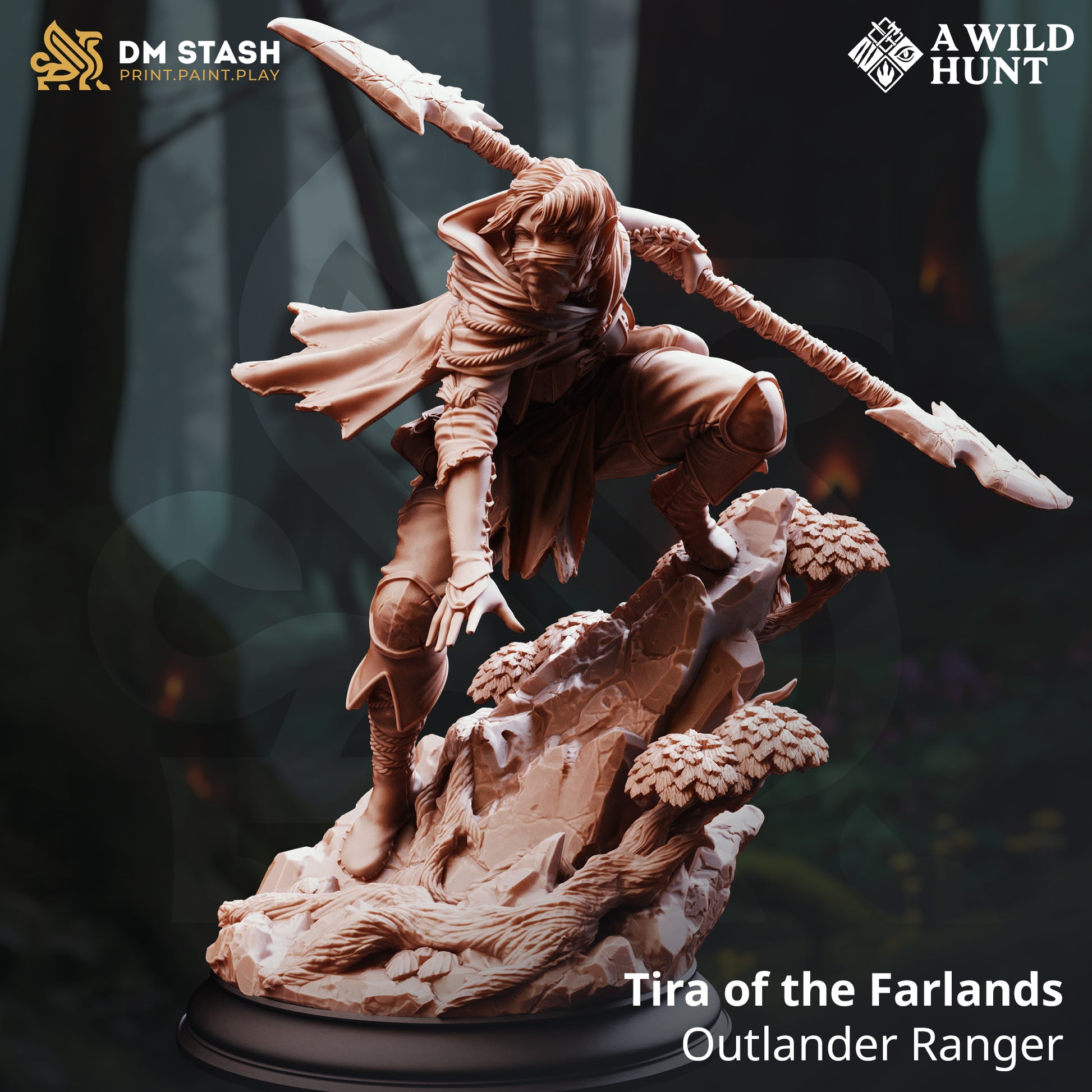 Tira of the Farlands Outlander Ranger resin miniature – fantasy female ranger crouched with spear in forest base for tabletop and display painting.