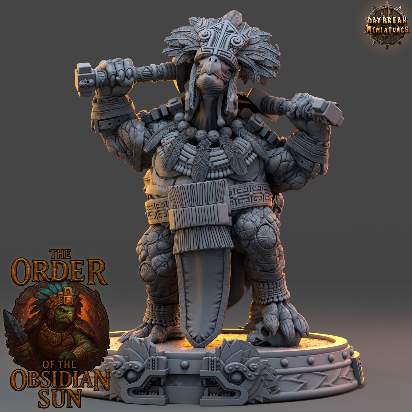 Tlamoz the Black resin miniature, tortle warlord with macuahuitl weapon and skull-covered shell, 3D printed for TTRPGs and fantasy collections.