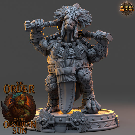 Tlamoz the Black resin miniature, tortle warlord with macuahuitl weapon and skull-covered shell, 3D printed for TTRPGs and fantasy collections.