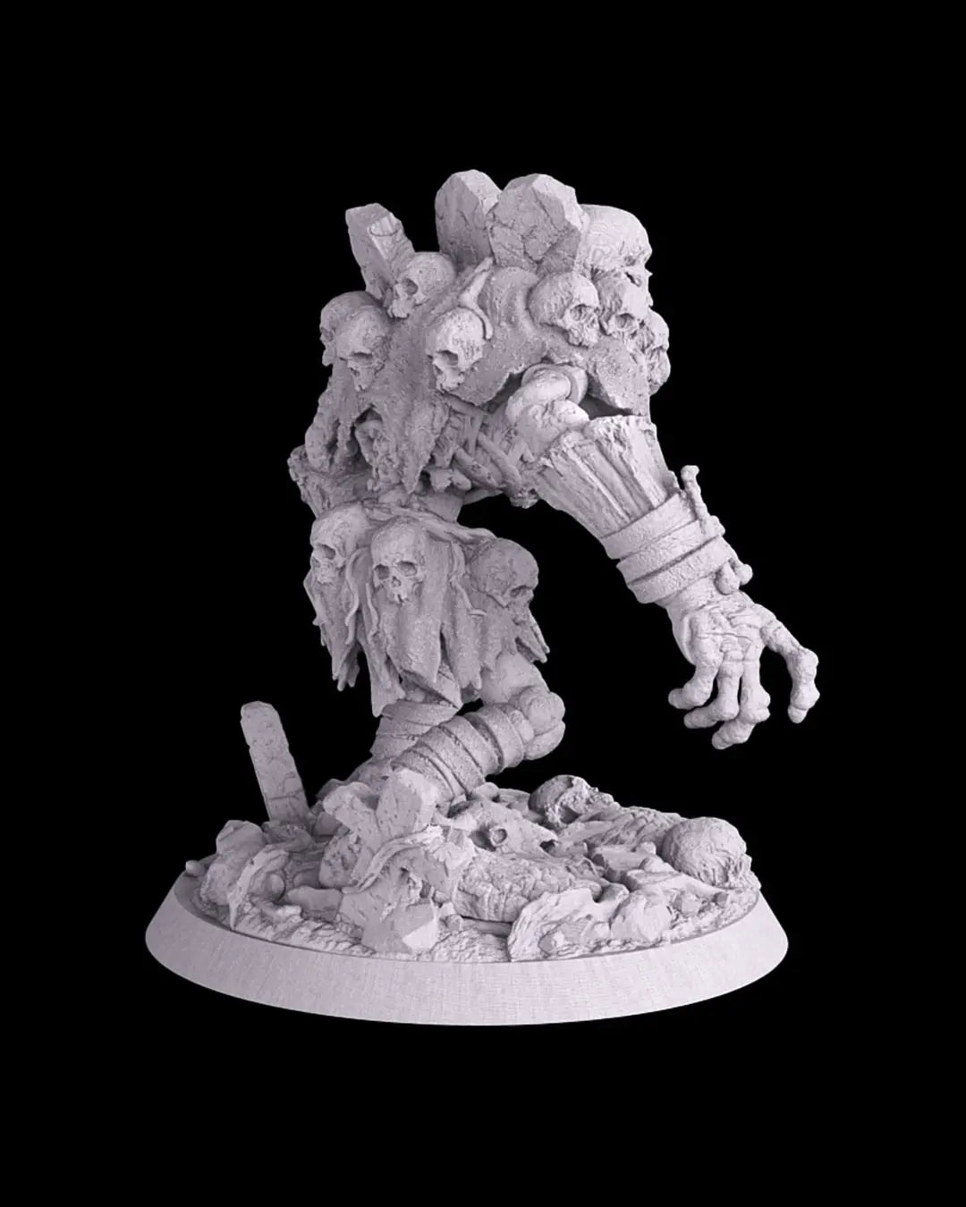 Rear view of raw Tombstone Golem 3D printed miniature with headstones, spine details, and cracked terrain.