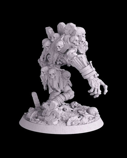 Rear view of raw Tombstone Golem 3D printed miniature with headstones, spine details, and cracked terrain.