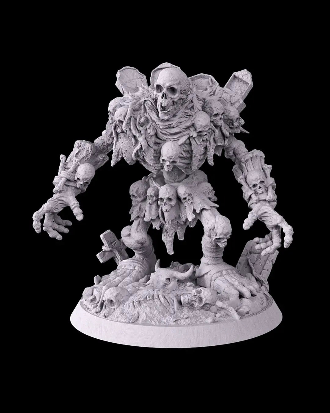 Front view of unpainted Tombstone Golem resin figure featuring skull face, ribcage, and scattered bones across base.