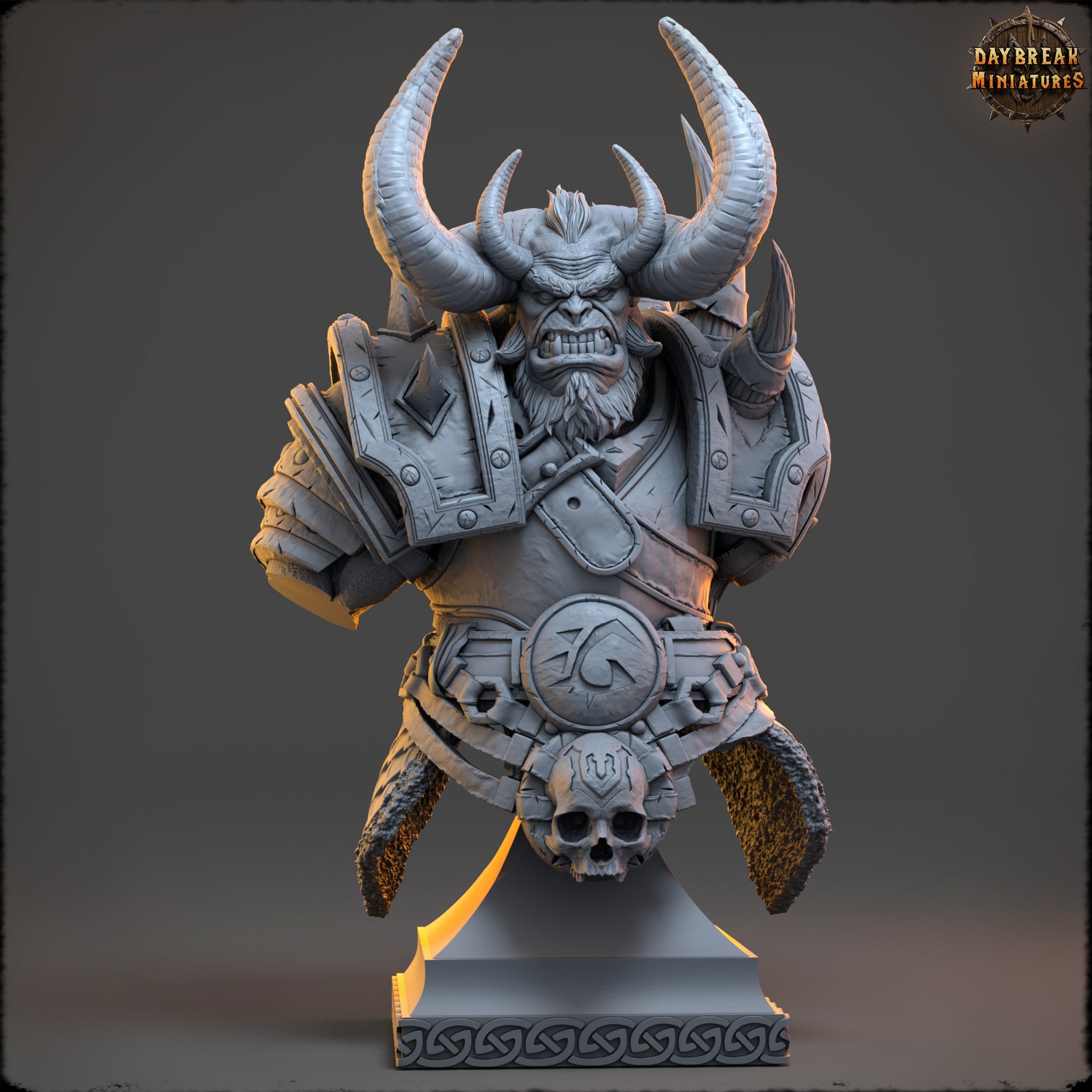 Torgash Nihi resin bust of a chaos warlord with giant horns and spiked armor, fantasy villain display model by D&K Custom Prints